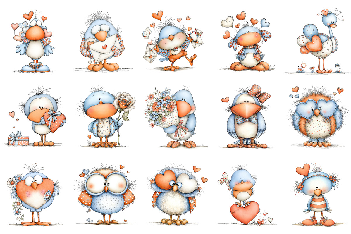 Whimsical Valentine Bird Clipart, an Illustration by designcity5 (Photo 2 of 5)