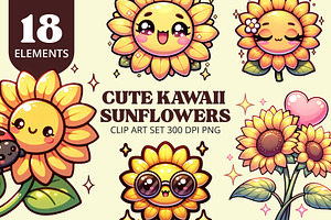 Kawaii Sunflower Clipart PNG Set, an Object Illustration by Printable Pretty Studio