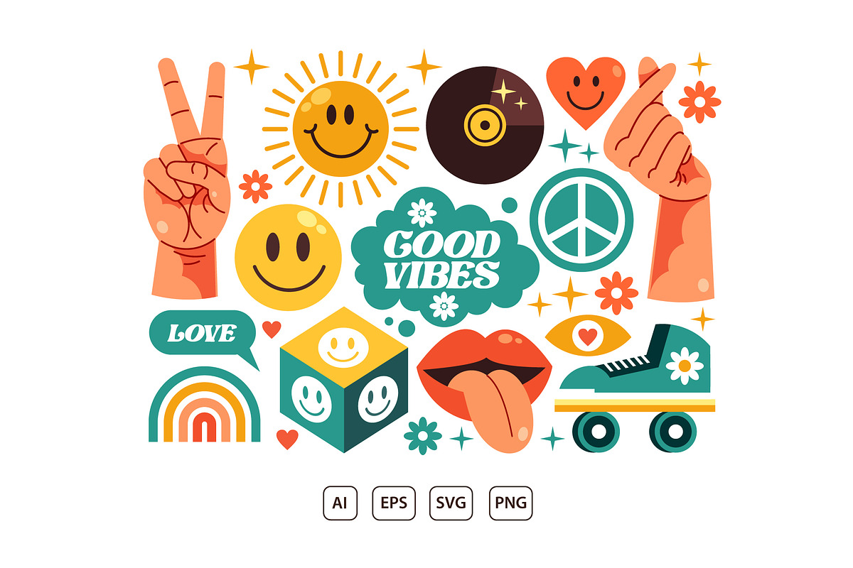 Retro Good Vibes Groovy Sticker Set, an Object Illustration by KAZ by IanMikraz Studio (Photo 2 of 3)