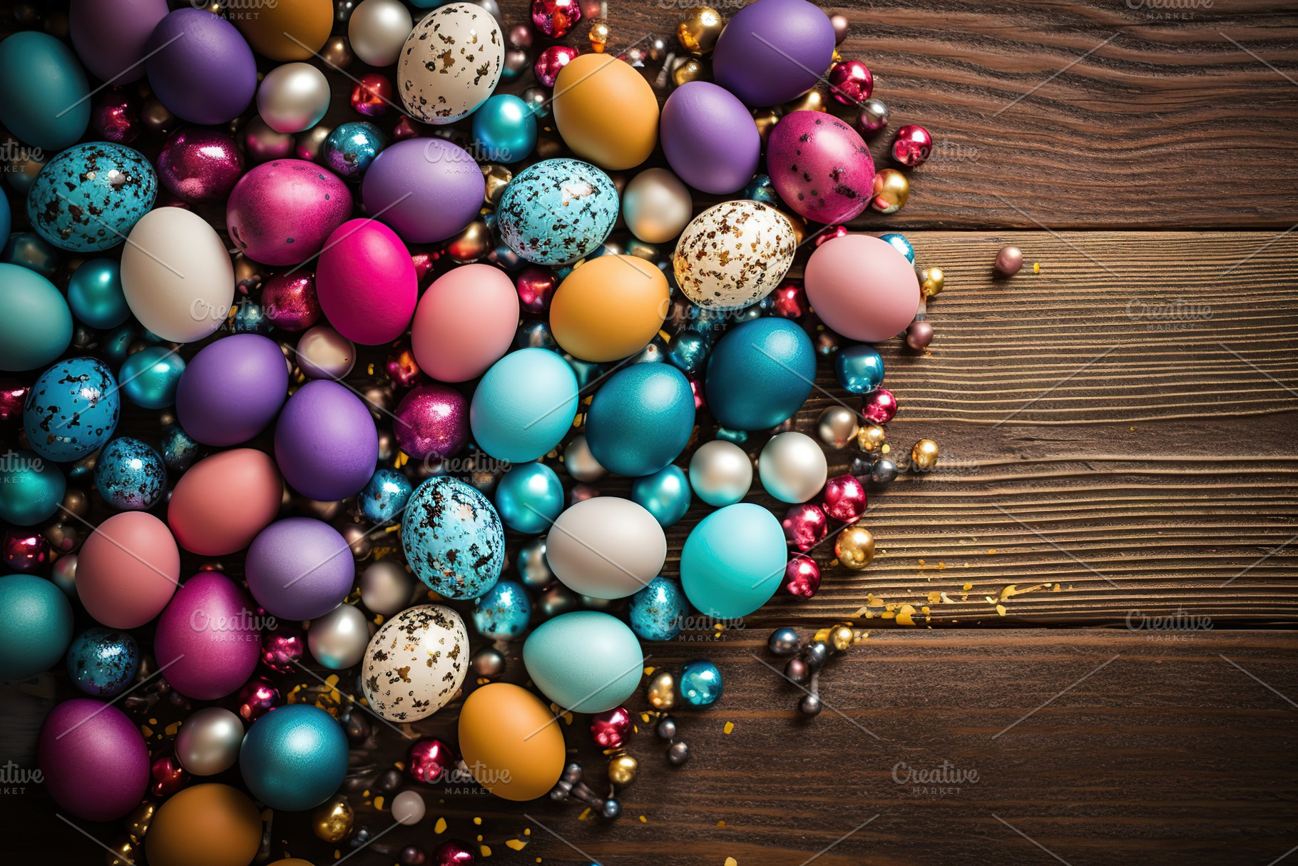 Colorful easter eggs on wooden background, a Holiday Photo by AlyaAnd