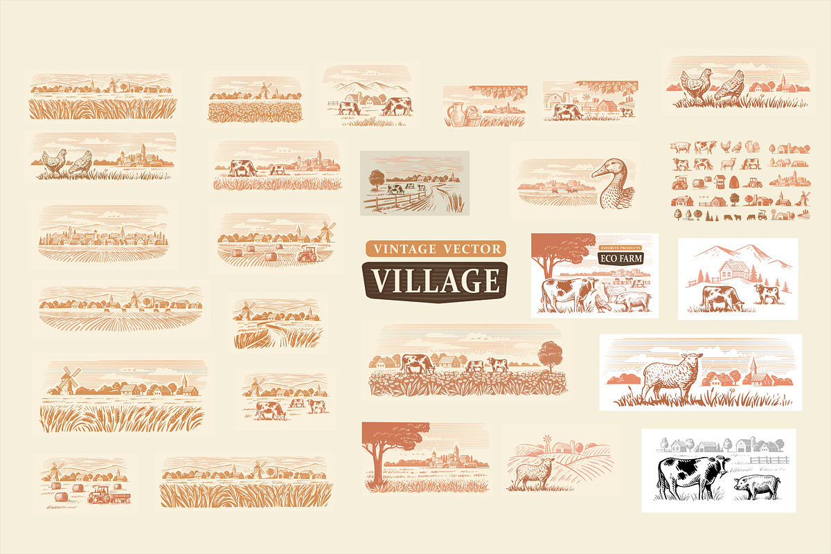 Vintage village. Vector set., an Animal Illustration by bioraven (Photo 13 of 13)