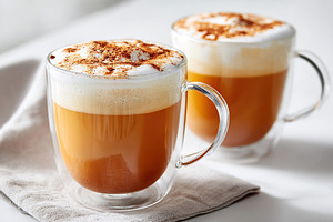 Warm beverages on a tabletop with spices sprinkled on frothy cream during a coz, a Food & Drink Photo by AlyaAnd