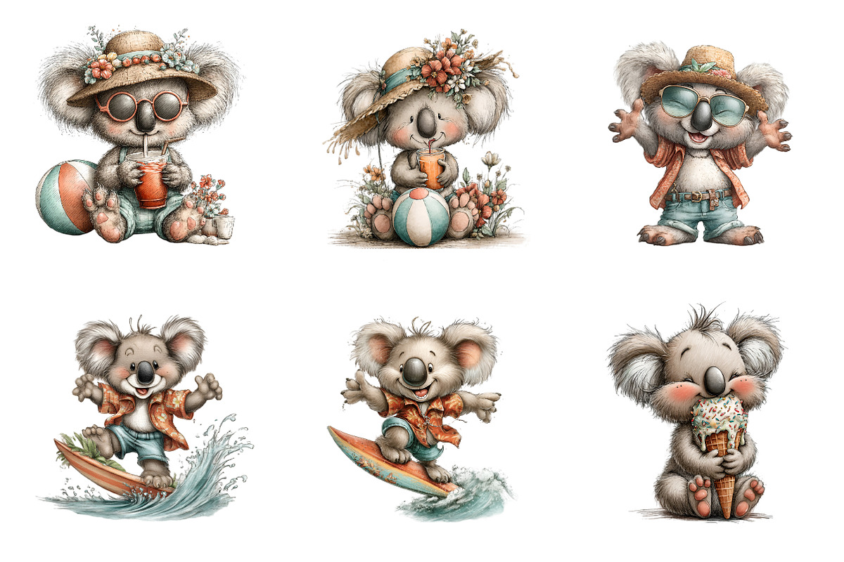 Whimsical summer koalas clipart, an Illustration by SinaCreation (Photo 2 of 9)