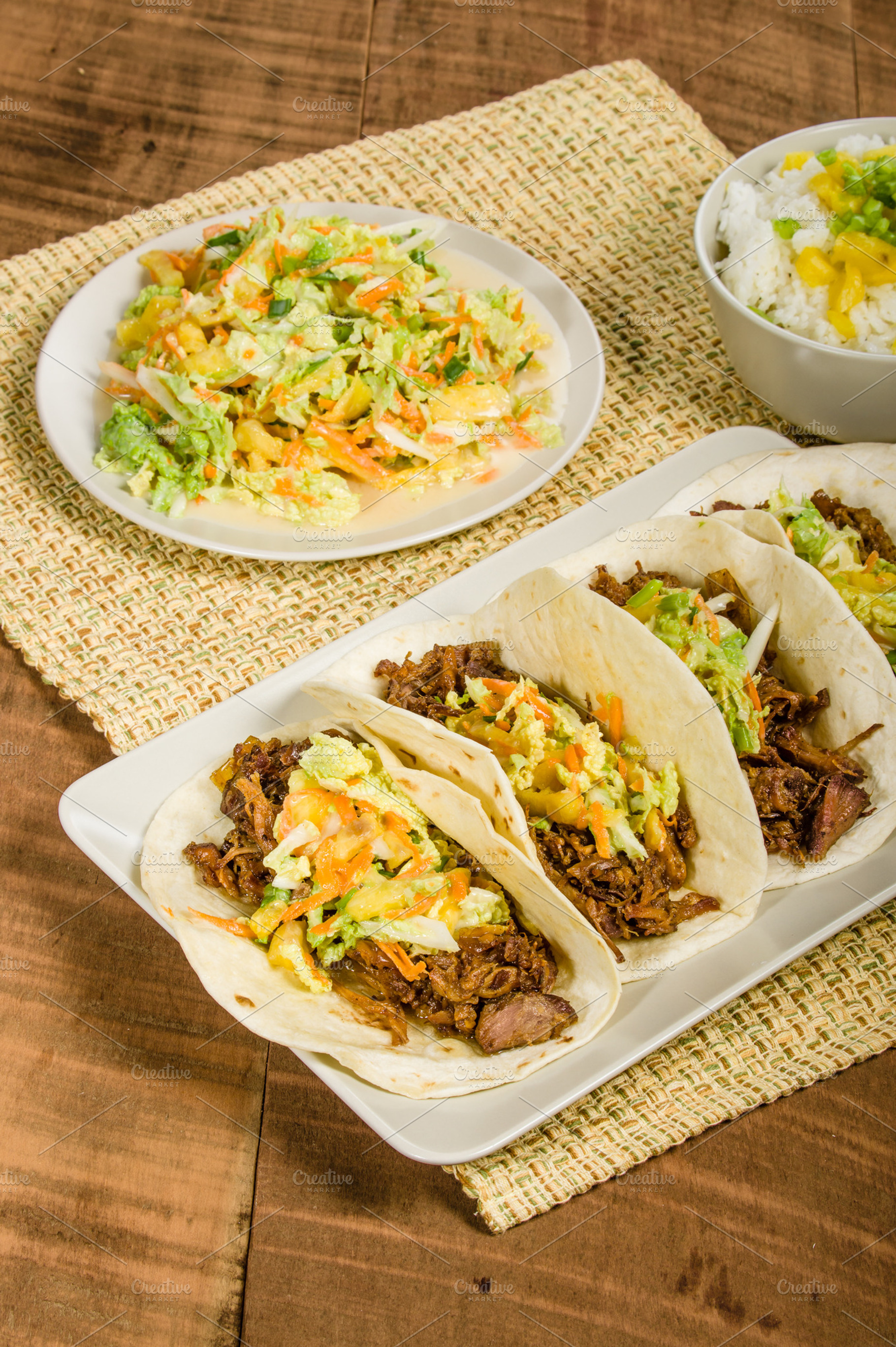 Pork tacos on a white serving plate stock photo containing food and baked, a Food & Drink Photo by Zigzag Mountain Art