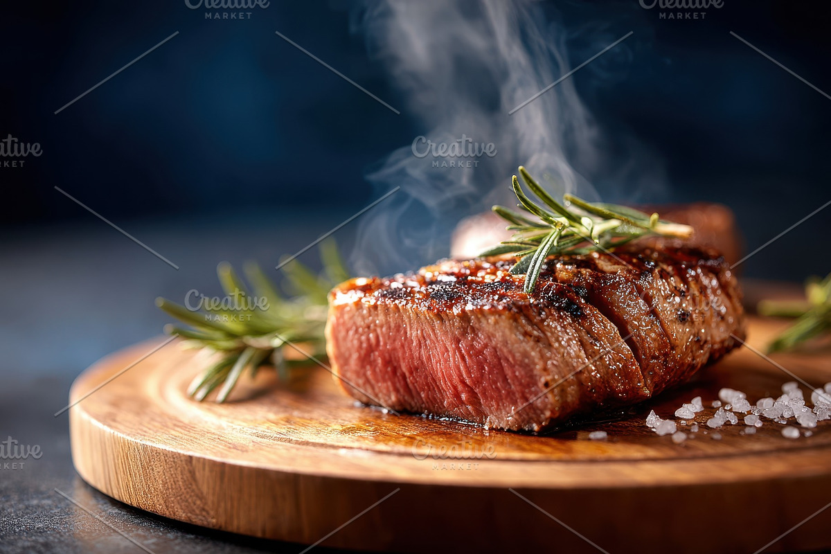 Grilled steak with rosemary on wooden board, a Food & Drink Photo by AlyaAnd (Photo 2 of 2)