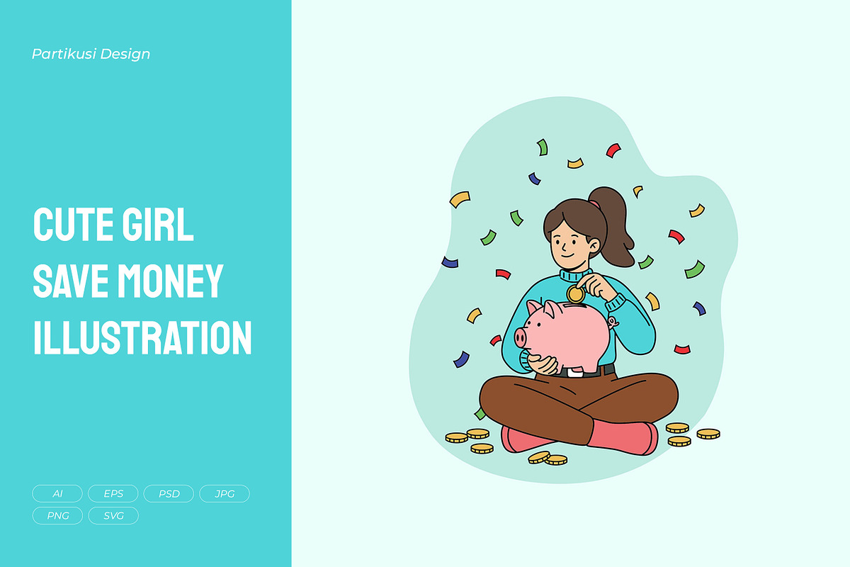 Cute Girl Save Money Illustration, an Object Illustration by Partikusi Design (Photo 1 of 3)