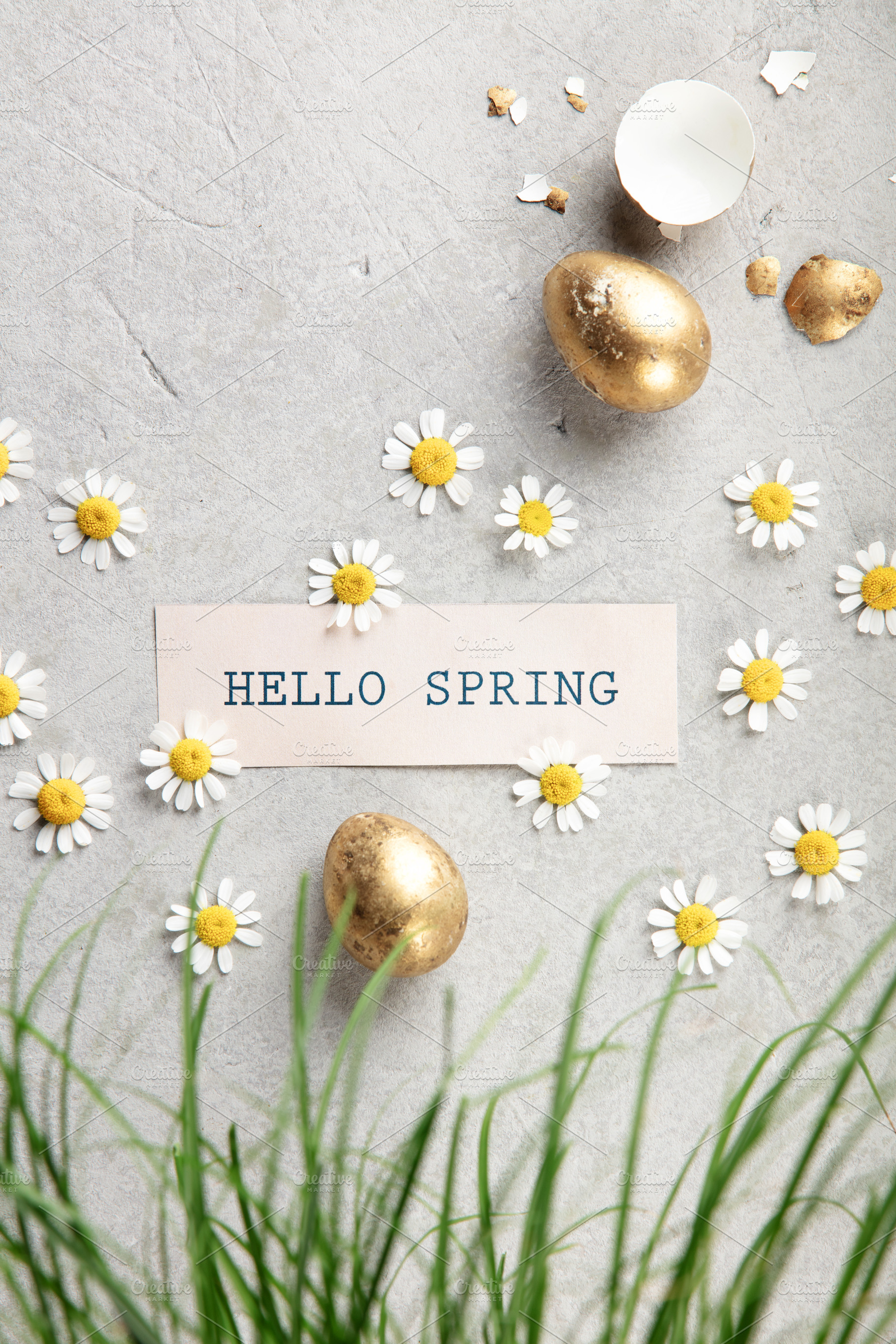 Hello Spring Card with Golden Easter Eggs and Daisies, a Holiday Photo by Natalia Klenova's Shop