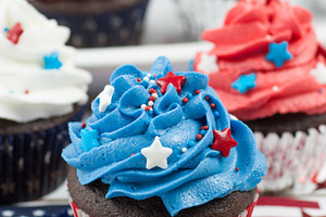 Patriotic chocolate cupcakes featuring 4th of july, baked, and blue