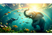 Elephants Swimming with Fish Under a, an Animal Illustration by Sharon Schwalbe (Thumbnail 1 of 2)