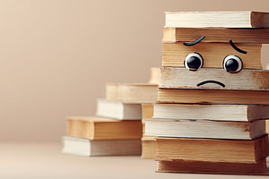 Stack of old books with a sad cartoon face drawn on the spine, s, a Photo by Ales Munt