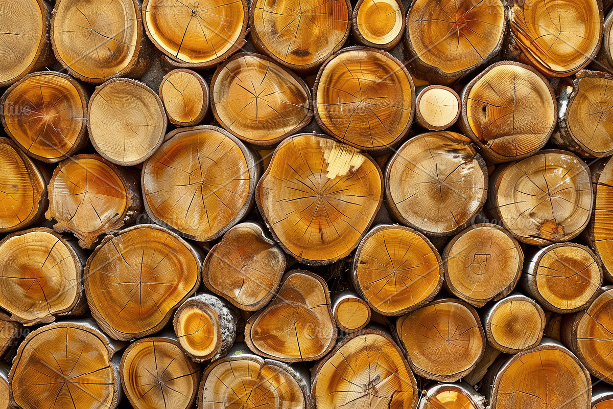 Neatly stacked tree logs, showcasing their circular cross-sections with ...