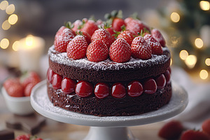 Delicious cake with frosting cream and ripe strawberries, a Food & Drink Photo by AlyaAnd