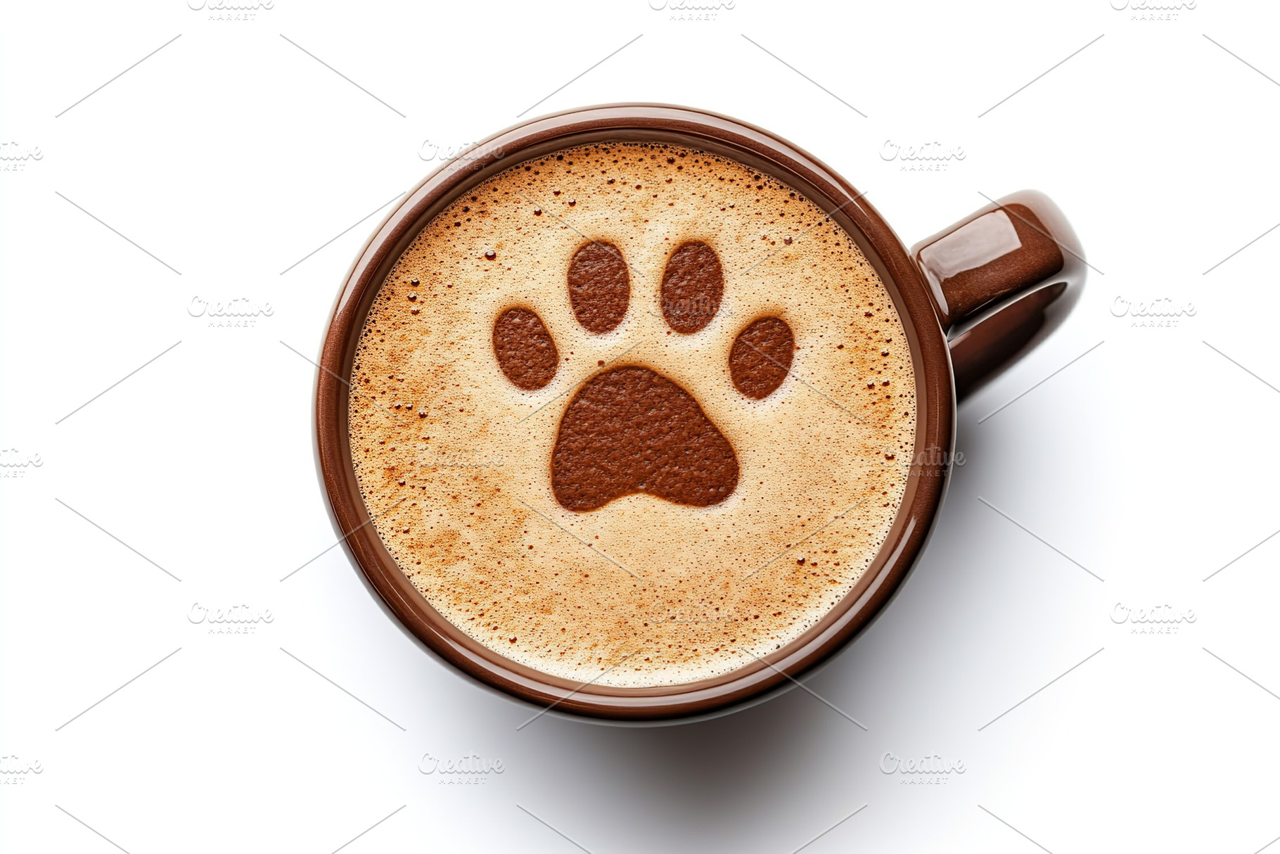 Cup of cappuccino with drawn cat paw on white background, flat lay, a Food & Drink Photo by AlyaAnd