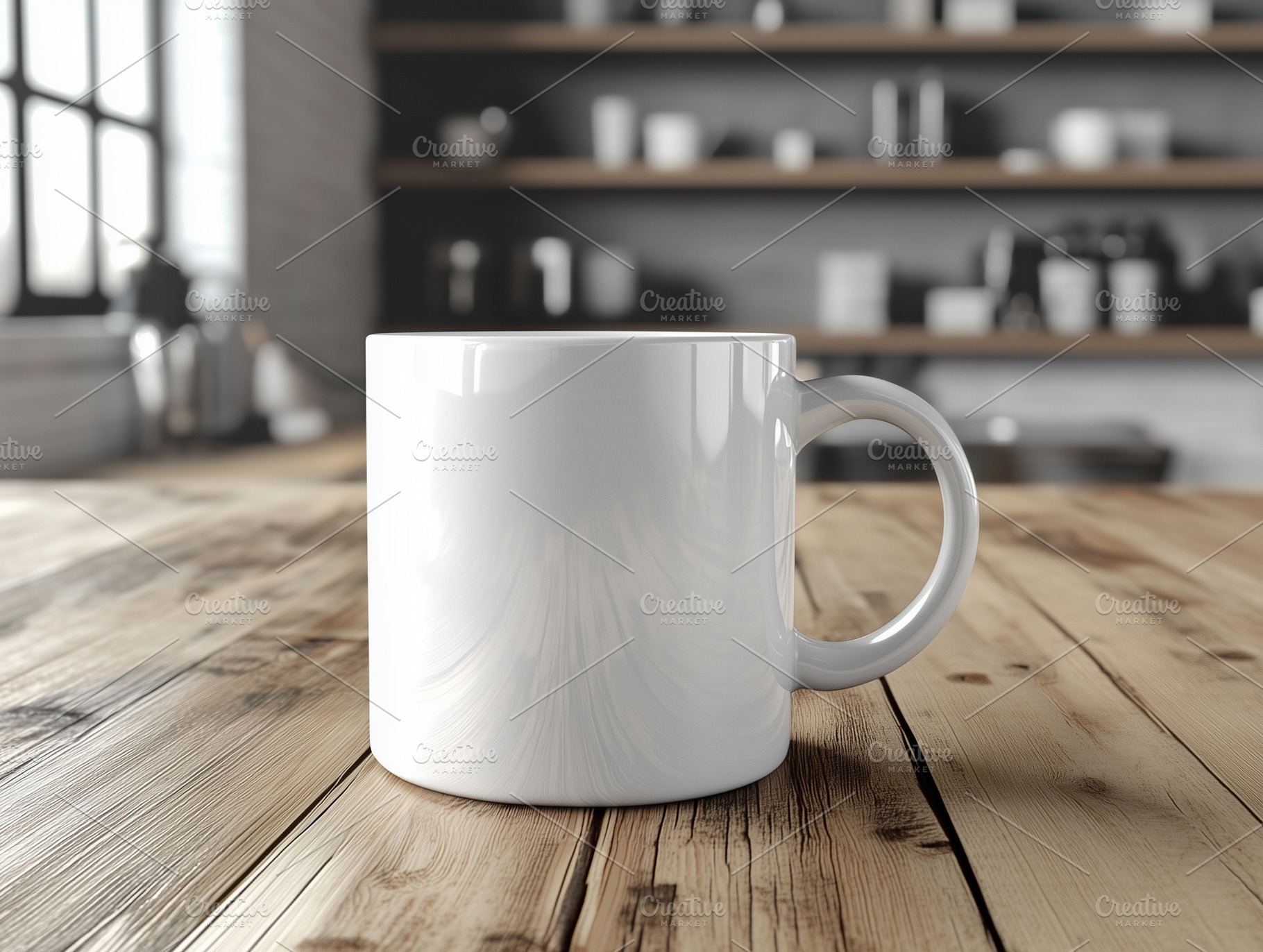 Glossy white mug mockup on a wooden, a Food & Drink Photo by MistyDay