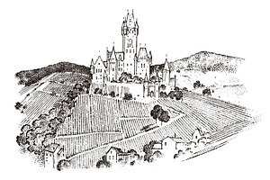 Castle on a hill. Ancient Landscape for the label. Engraved Hand drawn sketch in vintage victorian style. Travel to Europe to the historic building., an Illustration by Arthur Balitskiy