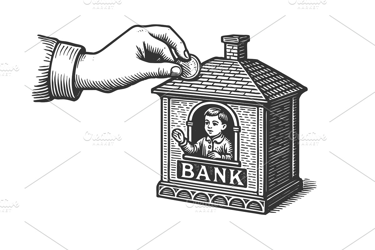 hand inserting coin into bank vector, a Finance Illustration by AlexArt