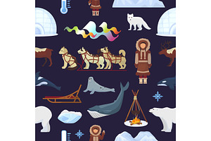 Arctic Vector Northern Borealis Norway And Husky Dog Sledding Sledge To Yurta In Snowy Winter Illustration Polaris Set Of North Ethnic Characters Anim