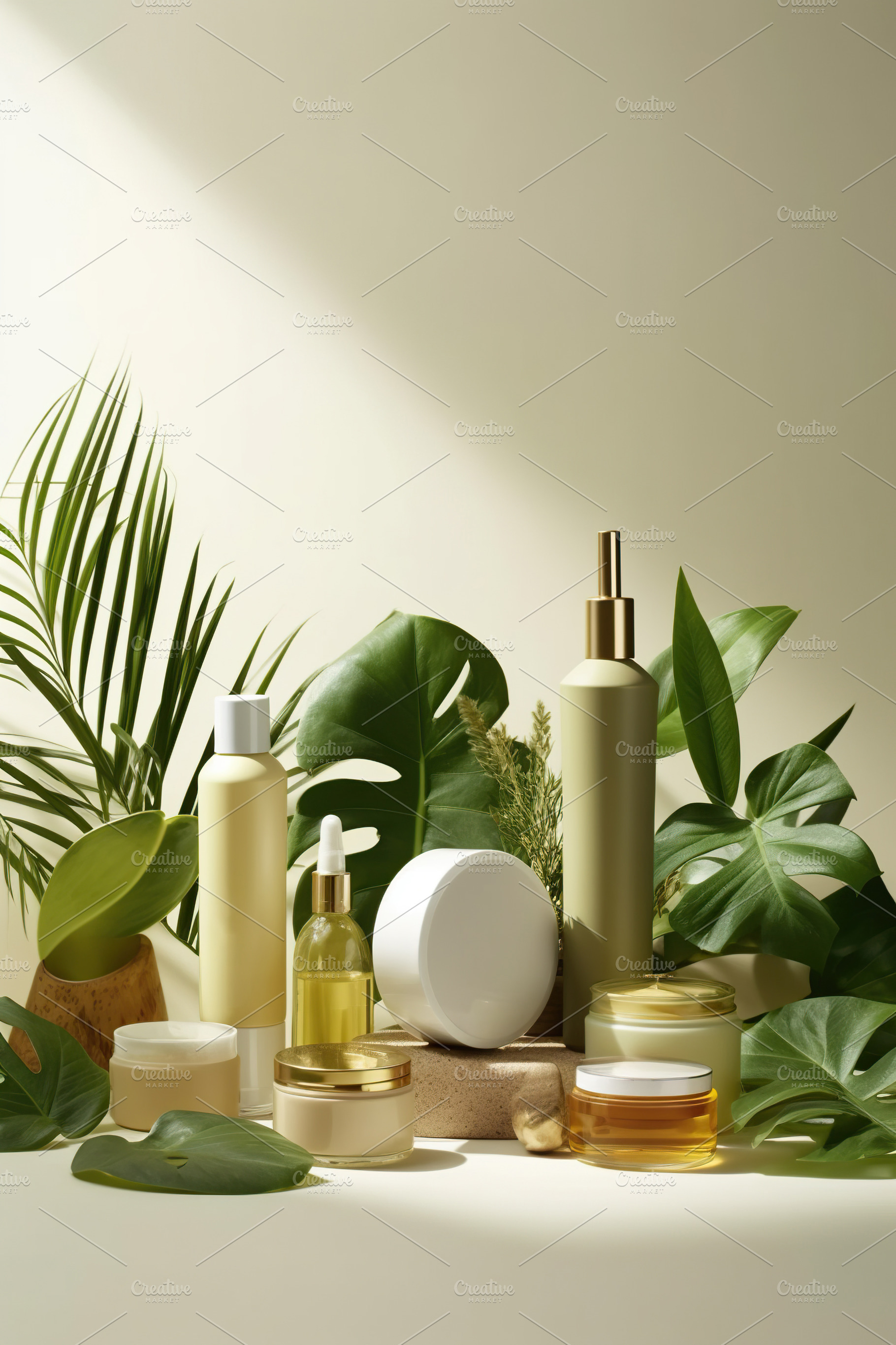 Natural skincare cosmetics bottles background, a Photo by Dvoevnore photos