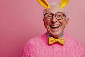 Elderly Man in Bunny Ears Laughing on Pink Background, an Abstract Photo by Natalia Klenova's Shop