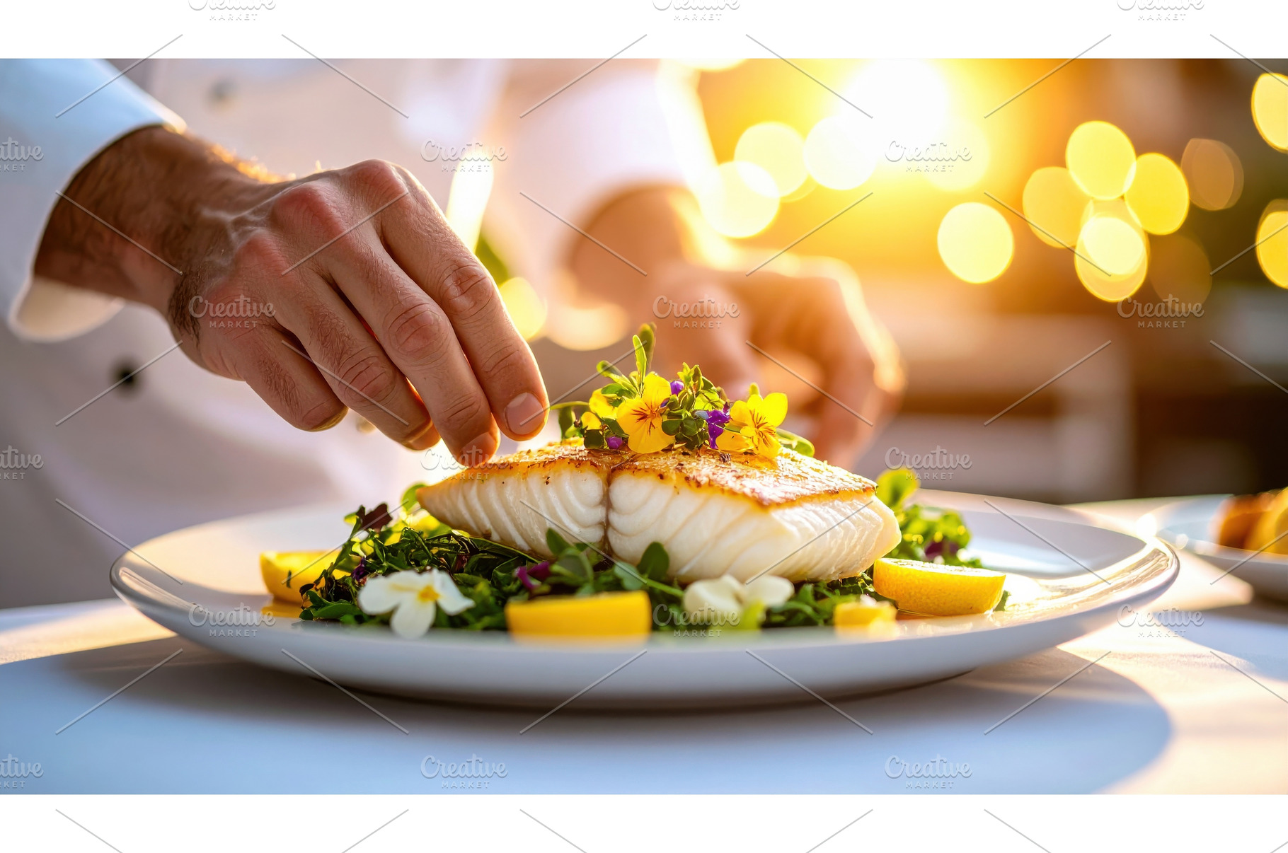 Chef garnishing gourmet fish dish at, a Food & Drink Photo by Igor Tichonow
