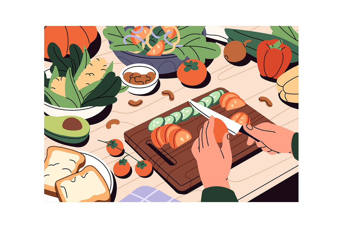 Hands cooking food, top view set, a Food Illustration by PaperTrident (Photo 3 of 8)