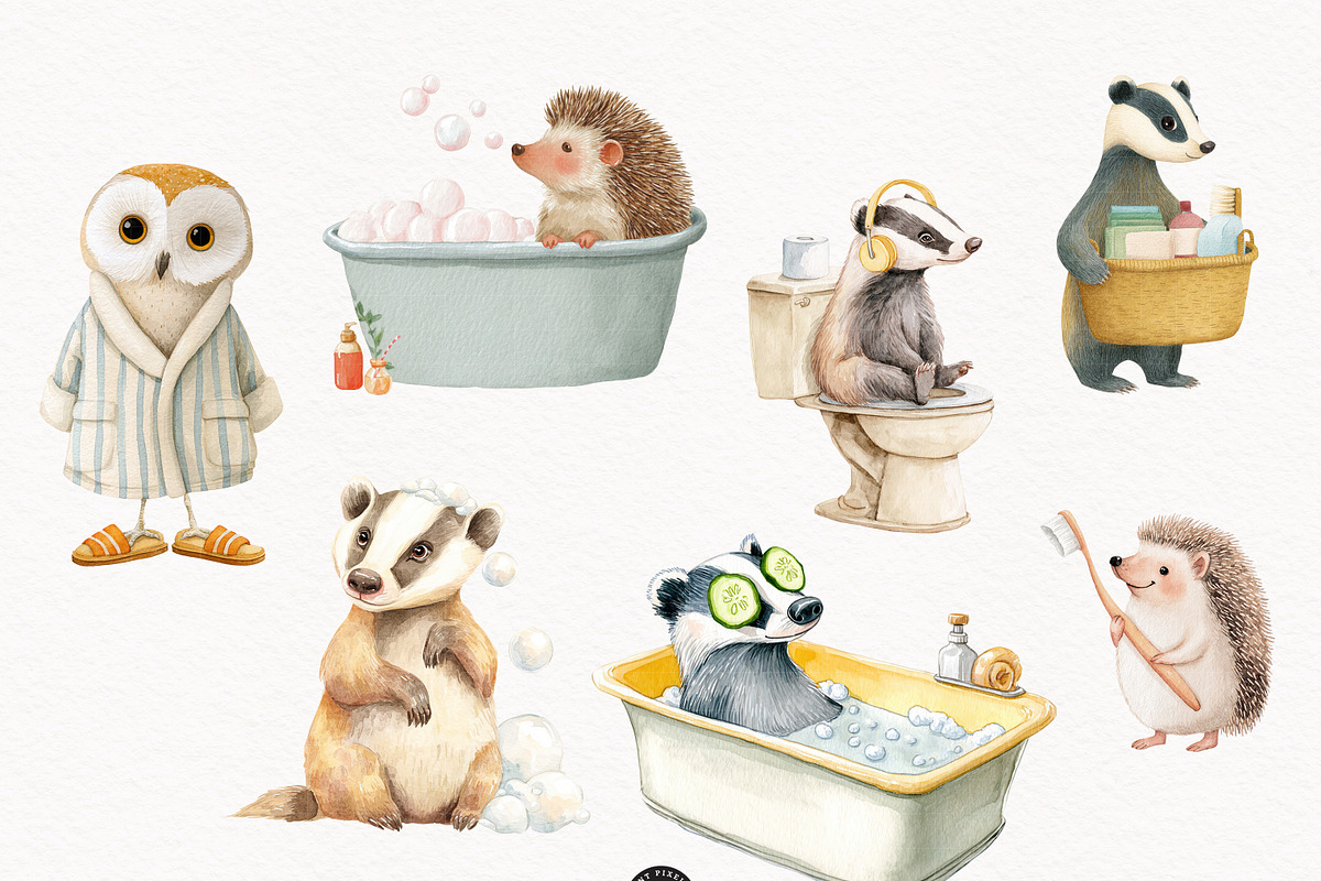 Cute Bath time Clipart- Woodland PNG, an Animal Illustration by PaintPixelCo (Photo 3 of 14)