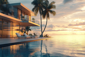 Elegant villa with glass windows beside a stunning swimming pool at sunset, an Arts & Entertainment Photo by AlyaAnd