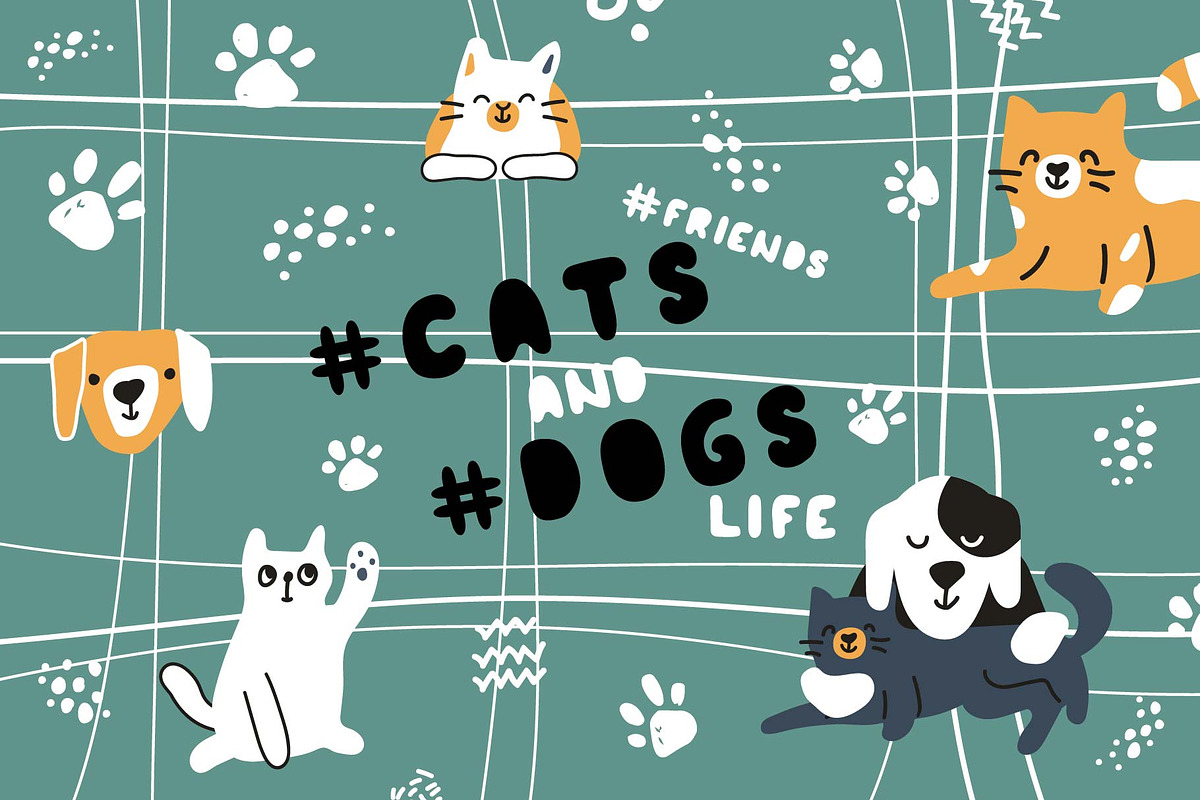 Cute Cats and Dogs patterns, an Animal Illustration by essskina (Photo 1 of 9)