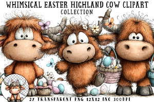 Whimsical Easter Highland Cow Clipar, an Illustration by OK Design