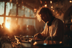DJ playing music during sunset in a lively atmospheric setting, a Photo by AS photostudio