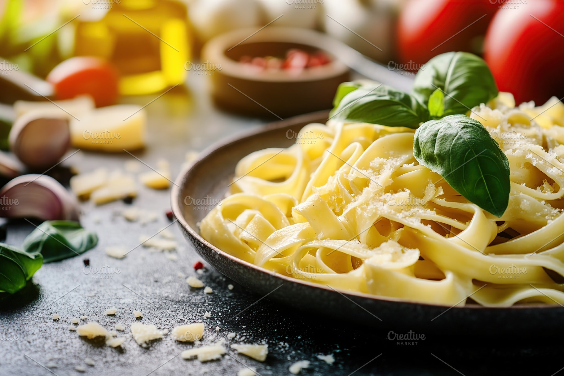 Fettuccine pasta with truffle and fresh basil, beautifully plated in a rustic s, a Food & Drink Photo by AlyaAnd