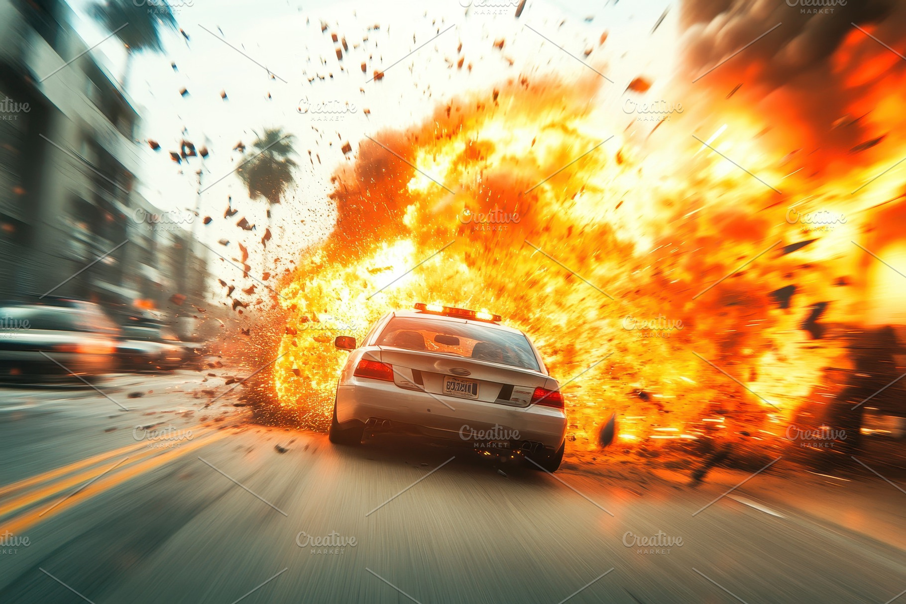 Police pursuit ends with an explosio, a Photo by Pavel_design