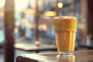 Glass of iced coffee with cream on blurred cafe background, a Food & Drink Photo by AlyaAnd