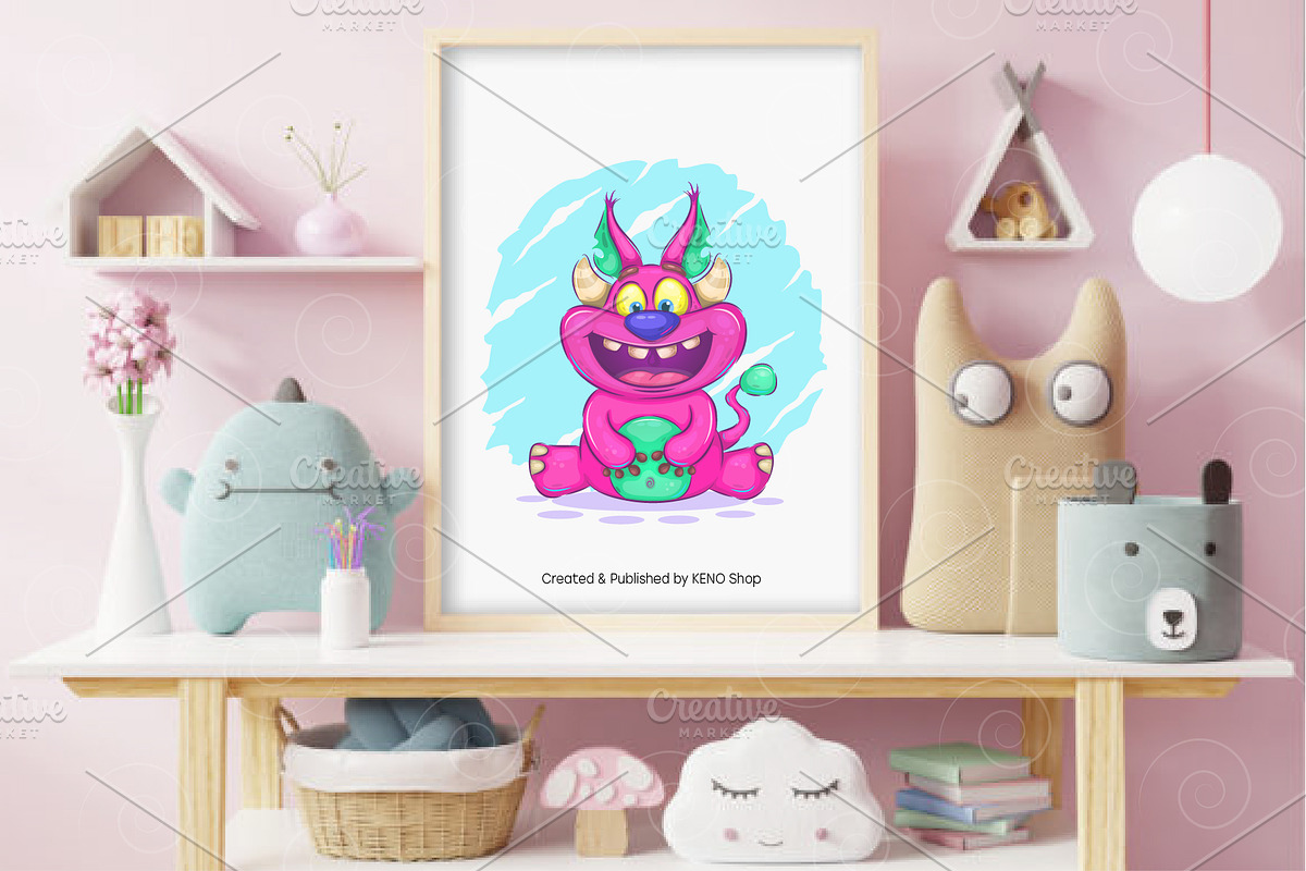 Cheerful horned monster. Tshirt, PNG, an Animal Illustration by KENO Mascots (Photo 3 of 4)