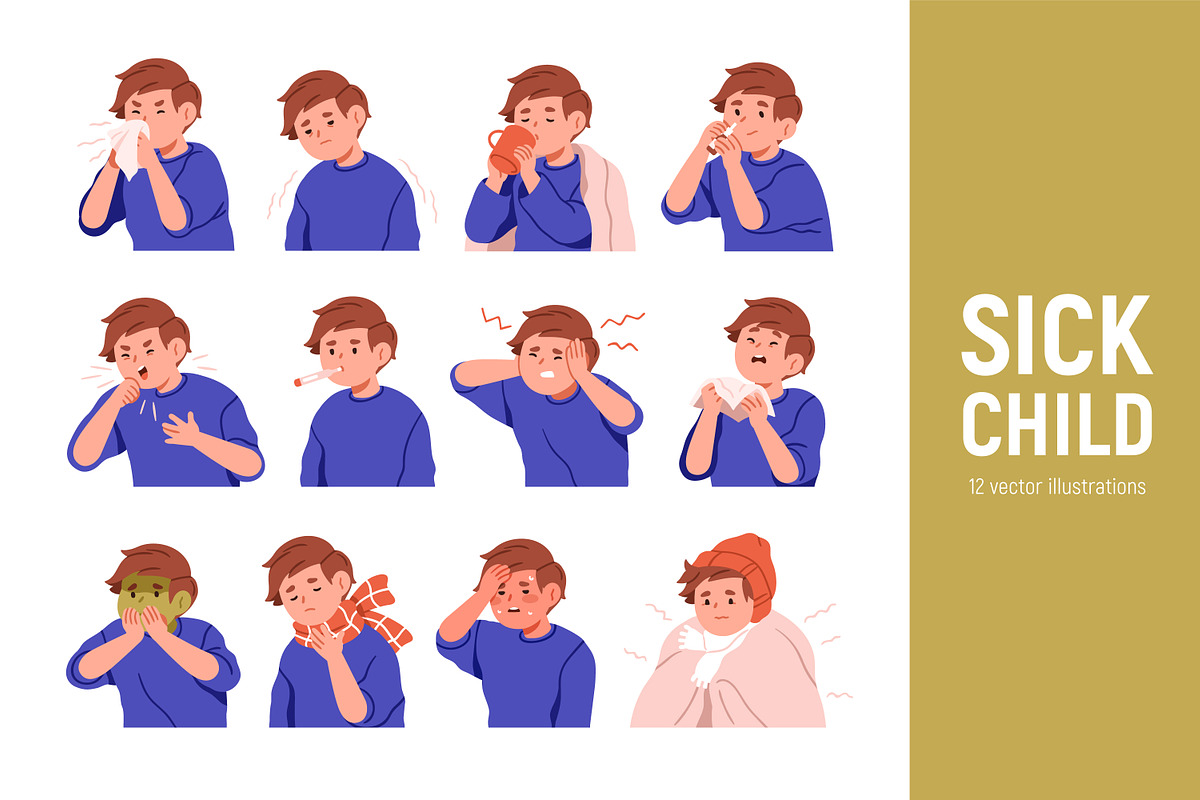 Sick kid boy with cold or flu set, a Person Illustration by Good Studio (Photo 1 of 13)