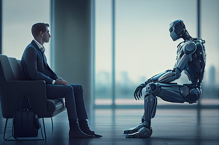 Man and AI robot waiting for a job interview