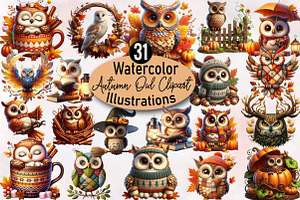 Watercolor Autumn Owl Clipart Bundle, an Illustration by SVGArt