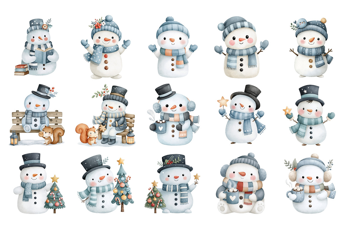 Watercolor Christmas Snowman PNG, a Seasonal Illustration by Nicolle's Colorful Art (Photo 2 of 7)