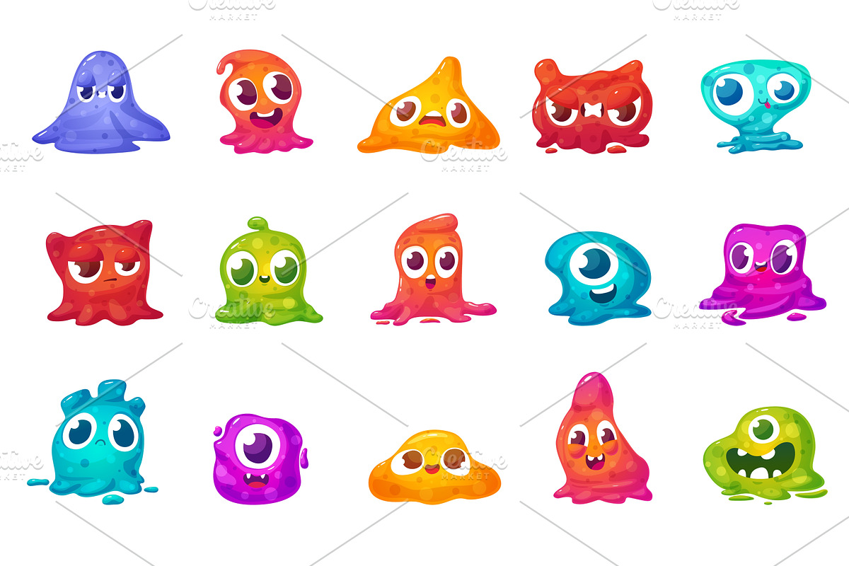 Cartoon slimy monsters. Funny jelly, an Illustration by LadadikArt