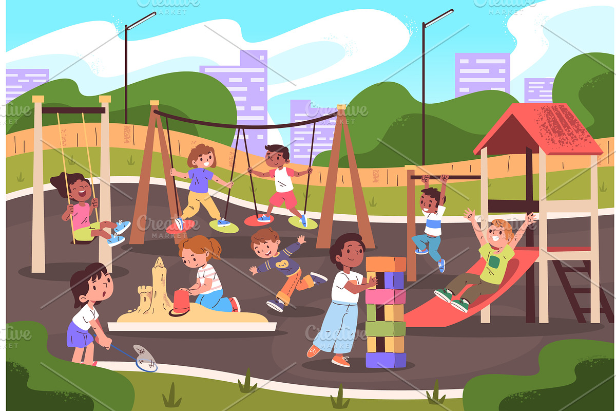 Children playing playground. Kids, an Illustration by Stock-Smart-Start