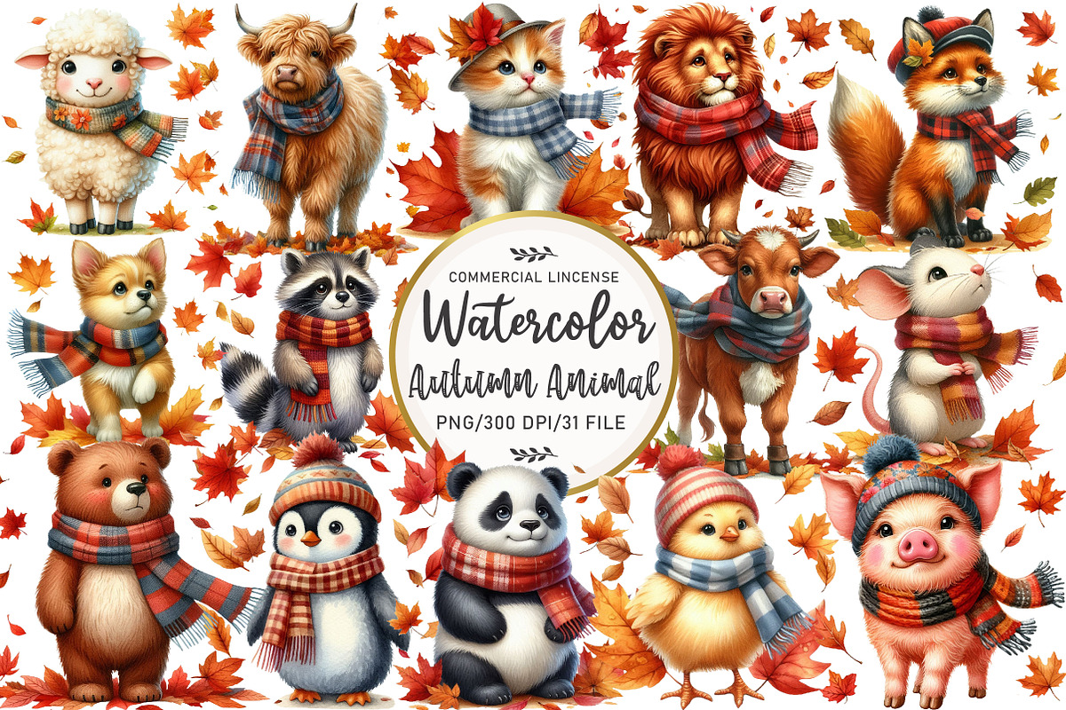 Watercolor Autumn Animal Clipart, an Illustration by OK Design (Photo 1 of 5)