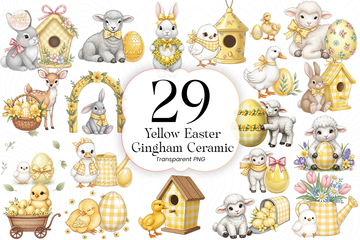 Yellow Gingham Ceramic Bunny PNG., an Object Illustration by KennedyStudio (Photo 1 of 4)