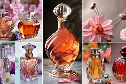 Elegant perfume bottles collection with floral background and soft lighting, a Photo by AS photostudio