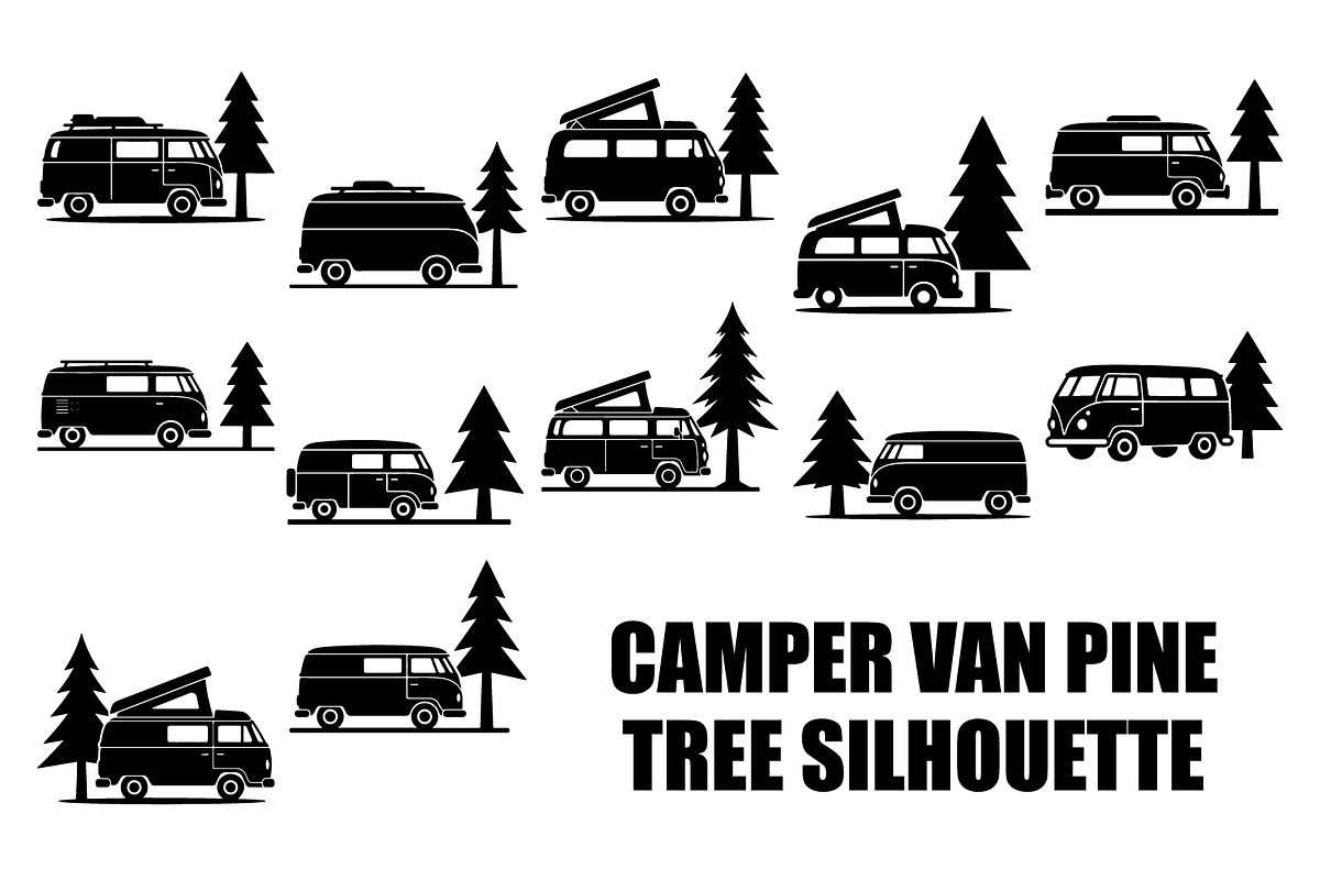 Camper Van and Pine Tree Silhouette, a Transportation Illustration by abu67222 (Photo 1 of 13)
