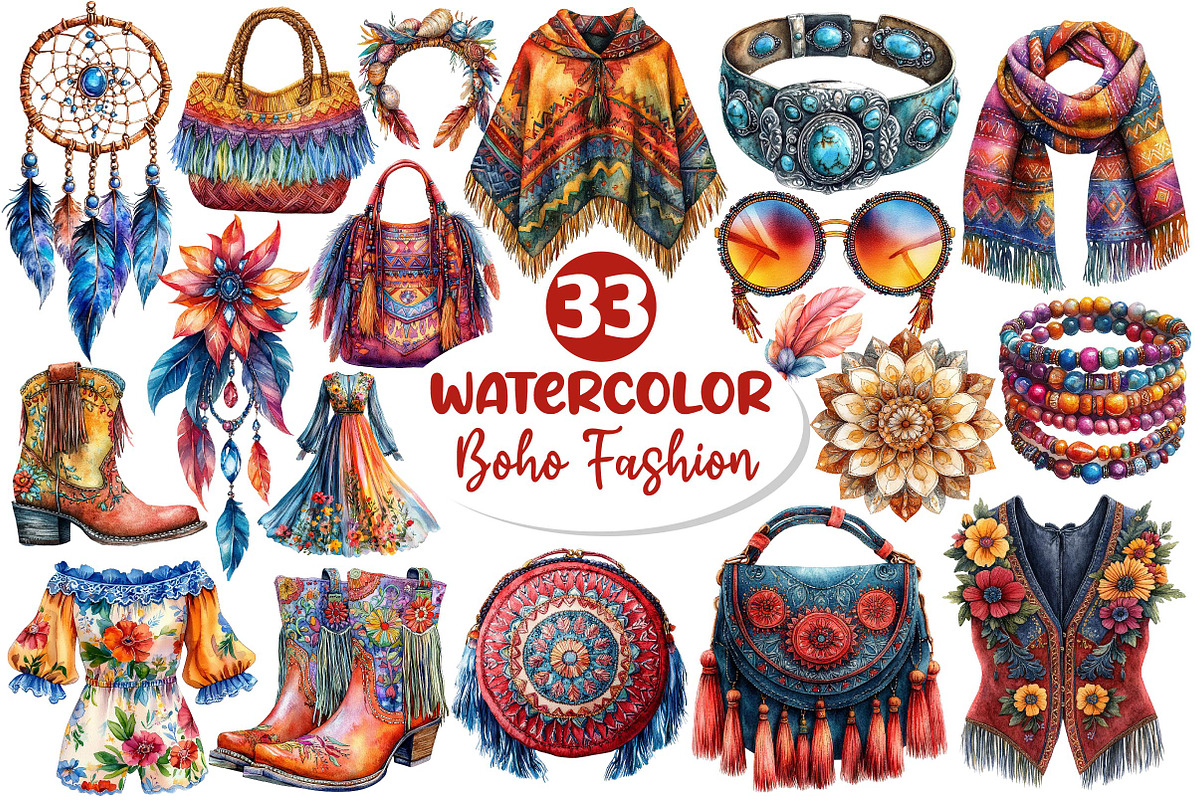 Watercolor Boho Fashion Clipart, an Illustration by Dream Creation (Photo 1 of 6)