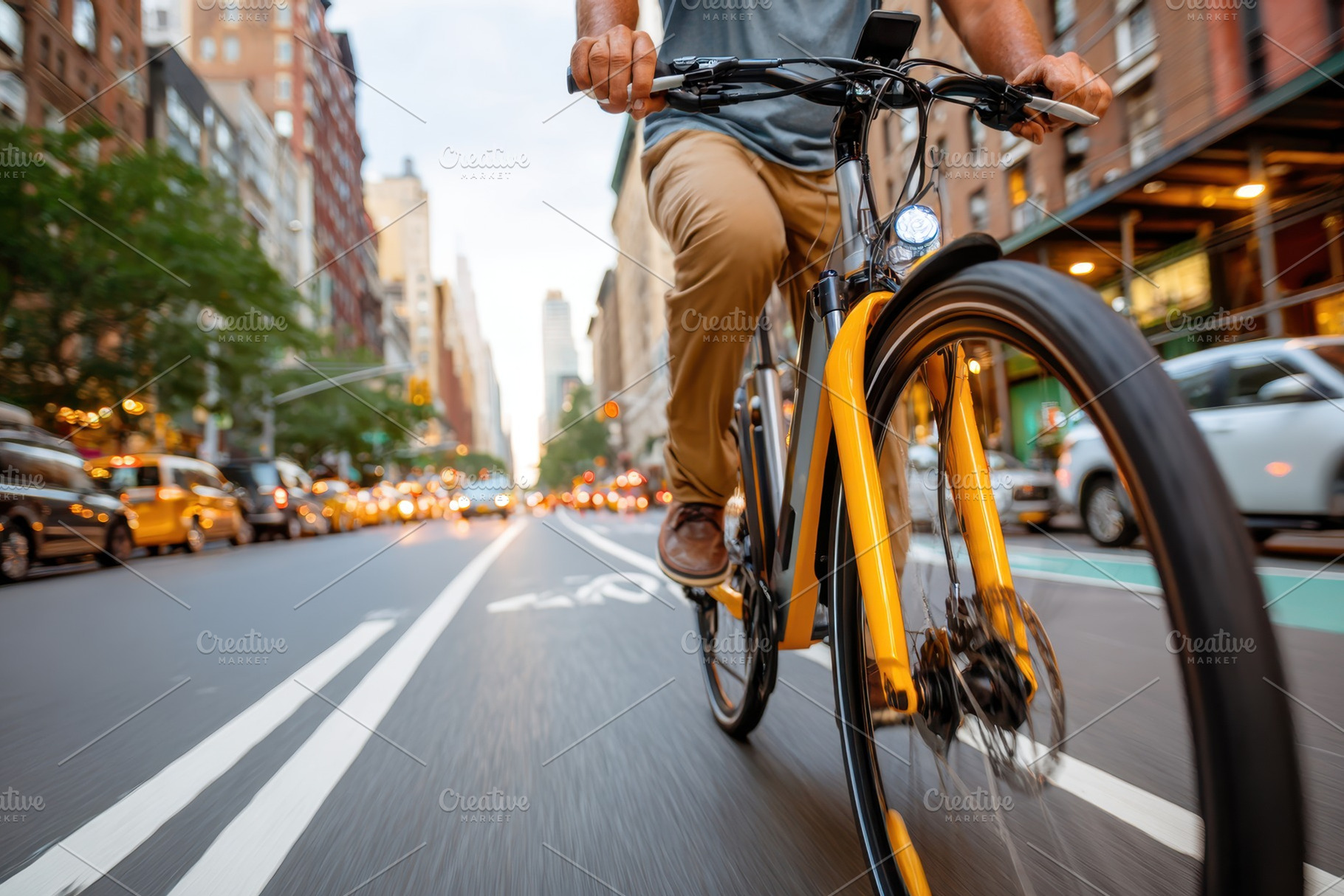 Urban cyclist on a busy city street, a Transportation Photo by AlyaAnd