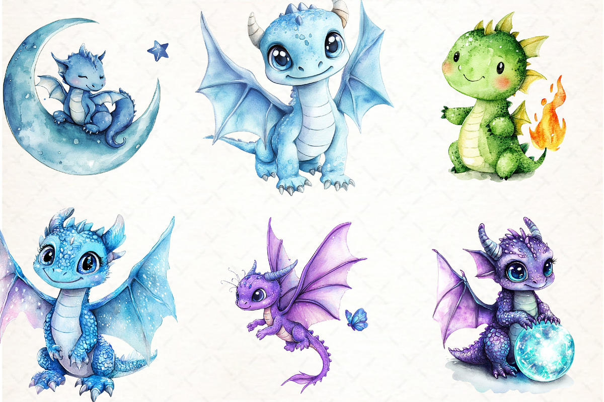 Watercolor Baby Dragon Clipart, an Illustration by Watercolor design (Photo 2 of 4)