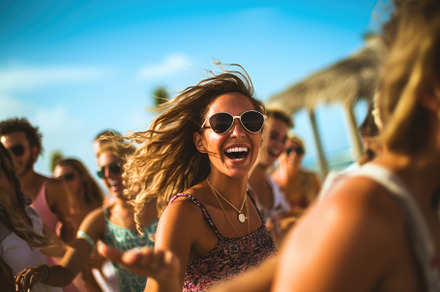 Beach club party, with people dancing and enjoying the music und, a Holiday Photo by designvectx