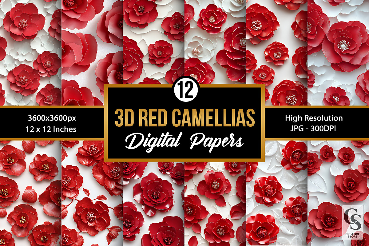 3D Red Camellia Flower Digital Paper, a Pattern Graphic by Creative Store (Photo 1 of 5)