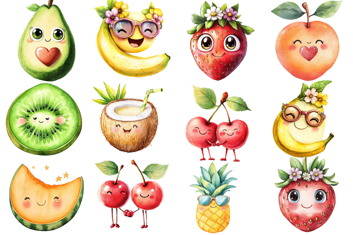 Cute Fruit Clipart,Kawaii Fruits png, an Illustration by Watercolor design (Photo 2 of 5)